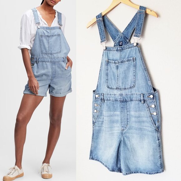 GAP Light Blue Jean Shorts Overalls - Picture 5 of 16